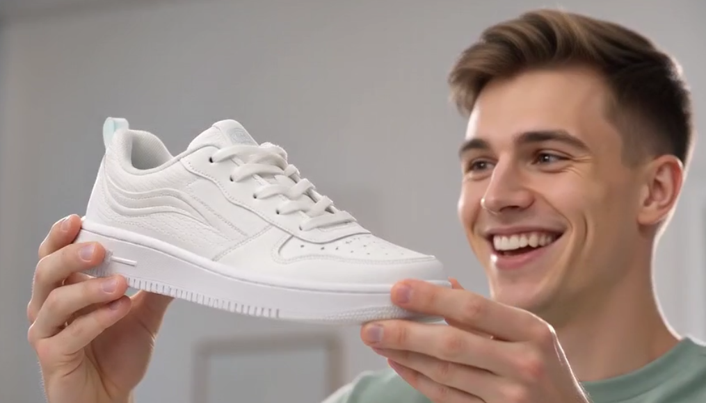 Nöjd person håller upp en skinande ren vit sneaker efter maskintvätt
